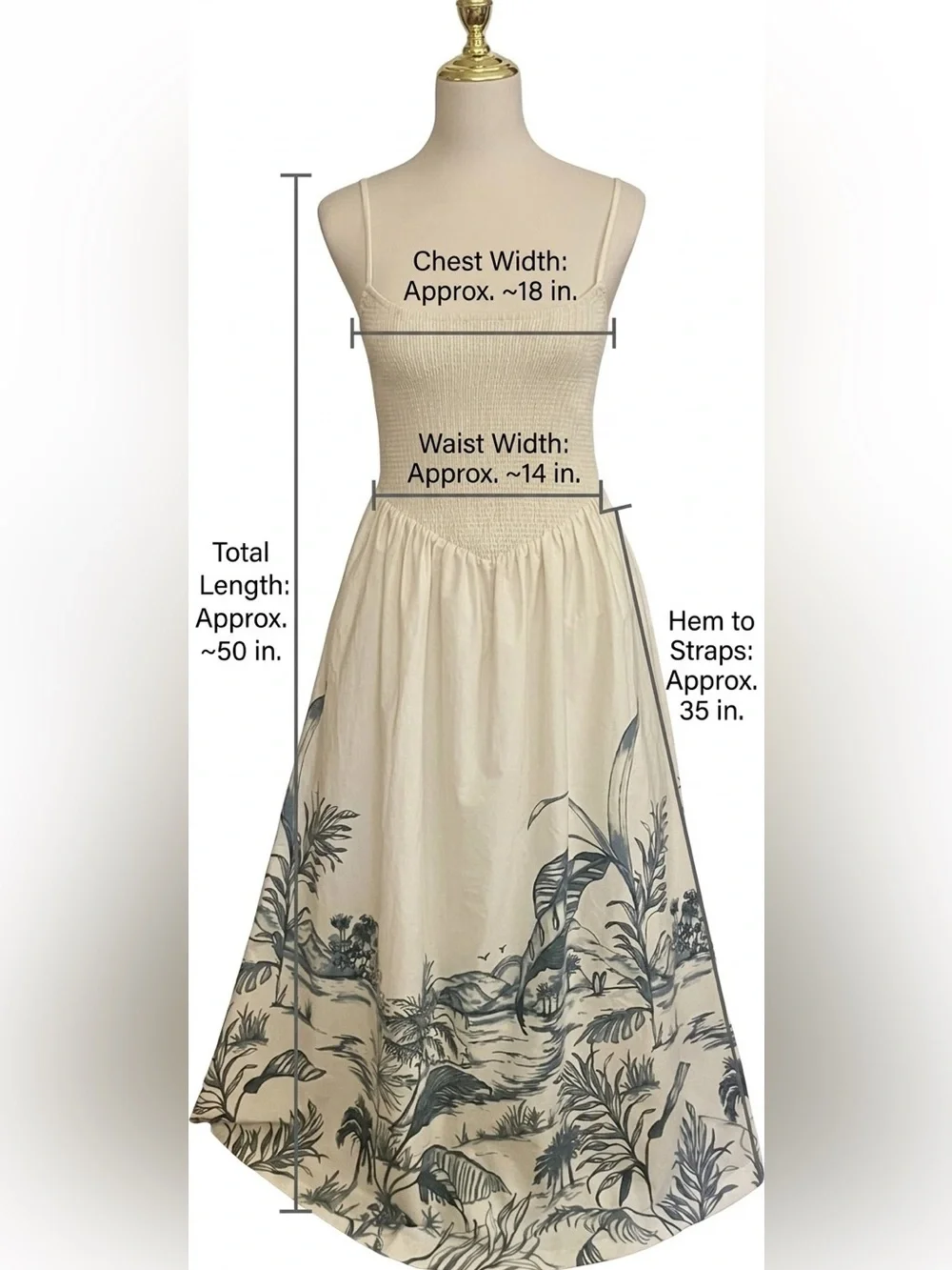 Abercrombie & Fitch Smocked Botanical Toile Midi Sundress Cream Blue Small